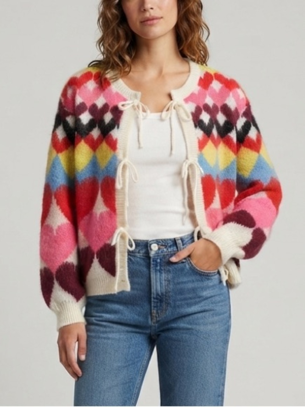 Yumi Multicolour Tie Front Heart Intarsia Cardigan Size S